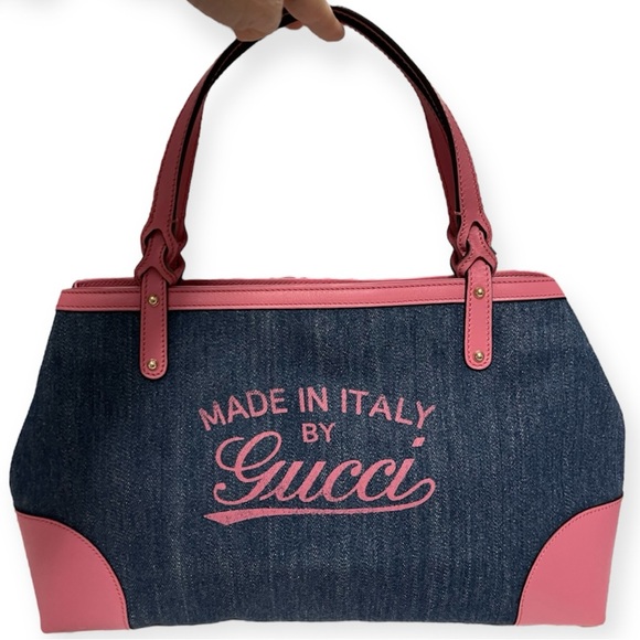 GUCCI Hawaii Tote Blue Denim Pink Leather Oversized Rare Vintage EUC - Picture 5 of 16
